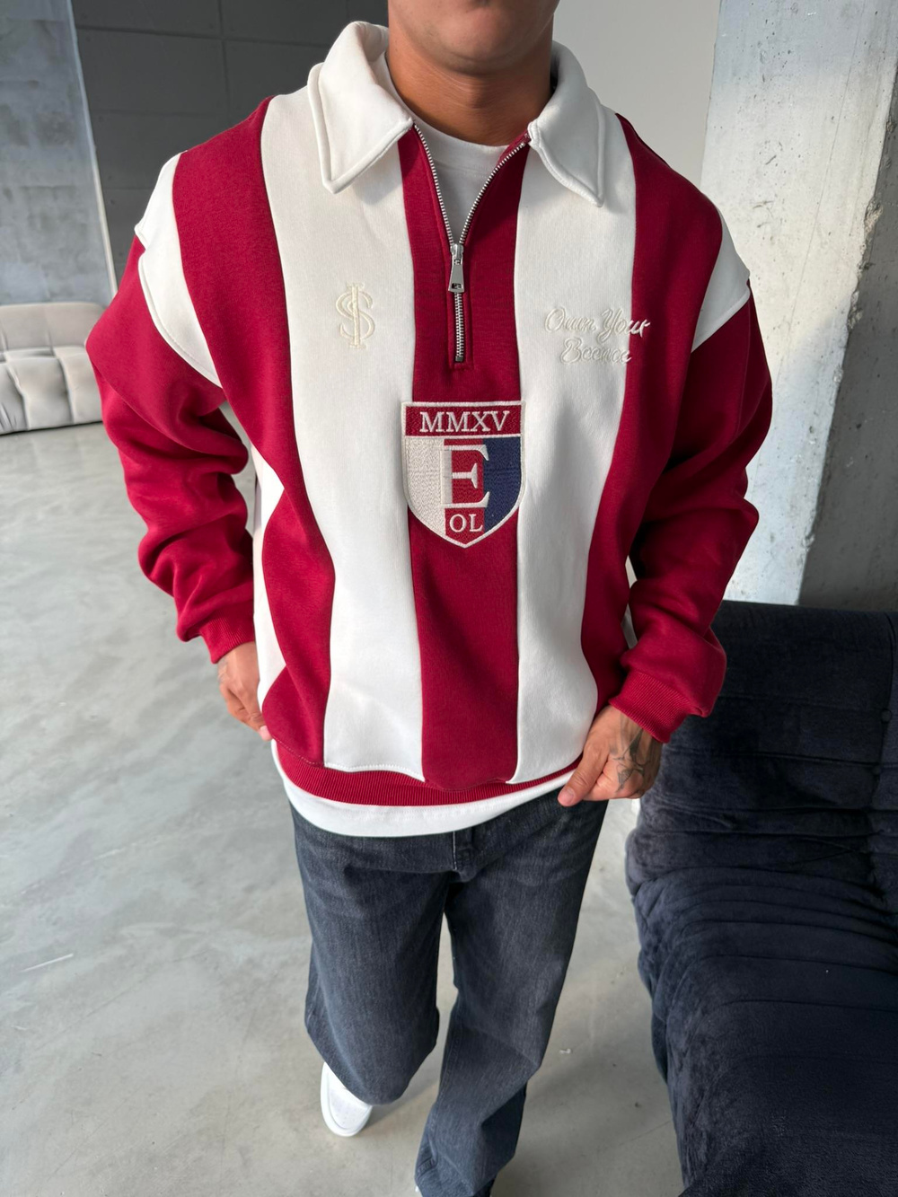 Essence Cizgili Yarım Fermuar Sweat - Kırmızı