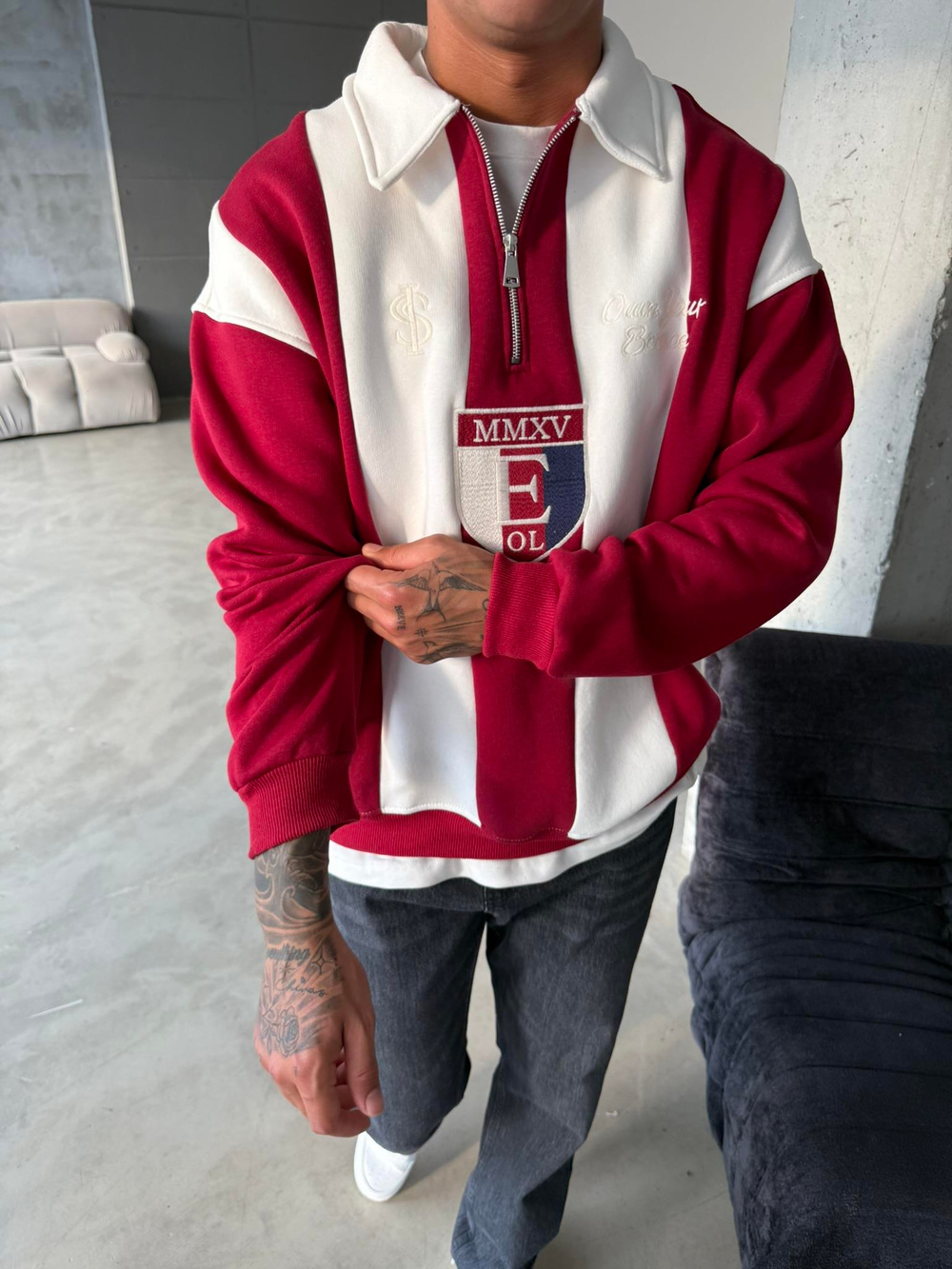 Essence Cizgili Yarım Fermuar Sweat - Kırmızı