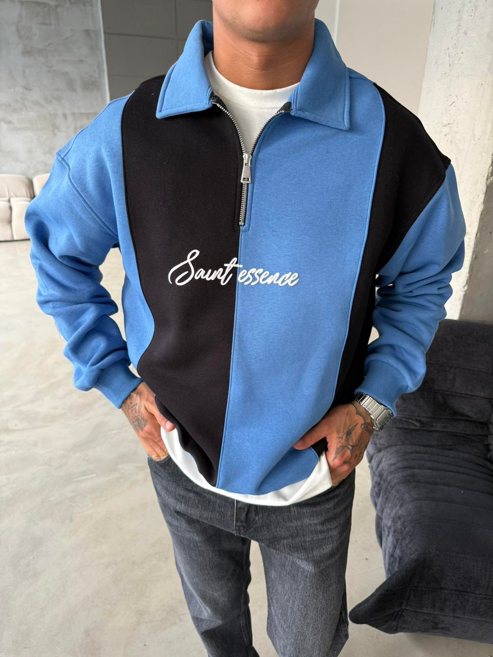 Essence Cizgili Yarım Fermuar Sweat -Mavi