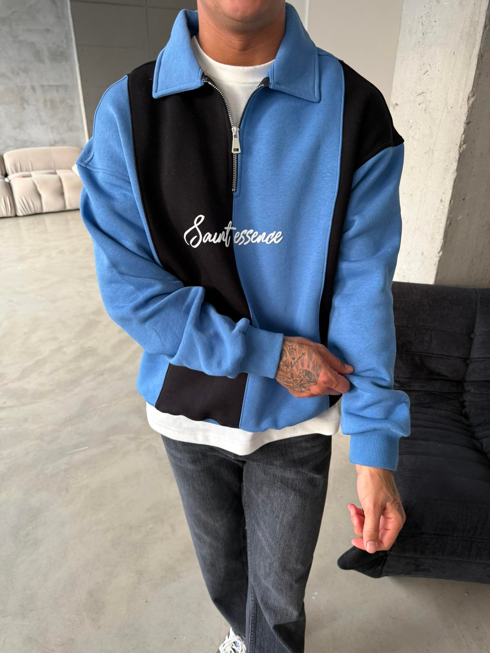 Essence Cizgili Yarım Fermuar Sweat -Mavi