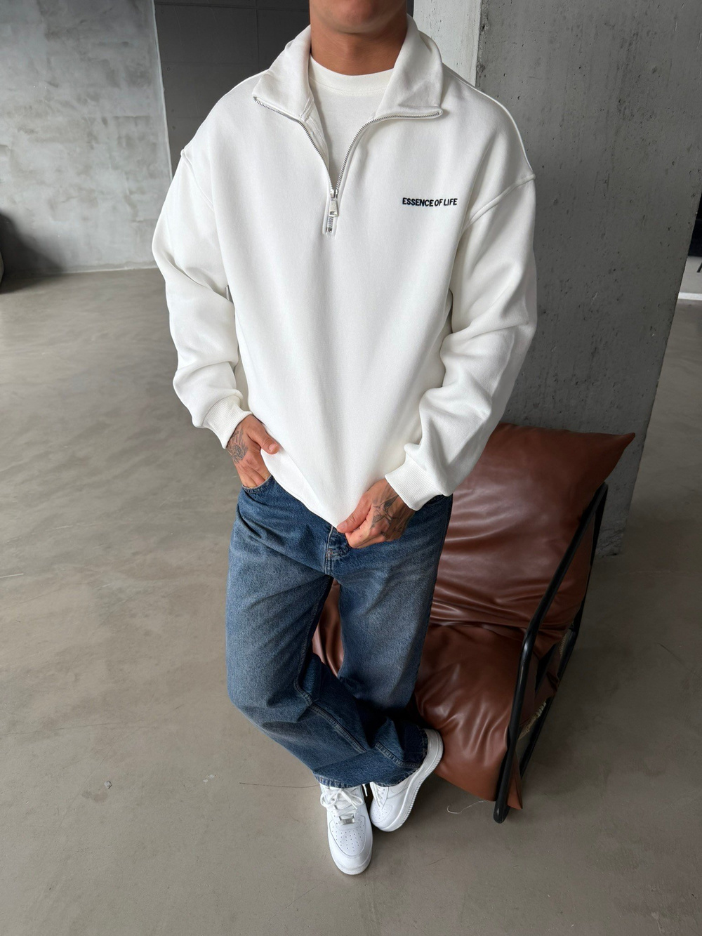 Essence Yarım Fermuar Sweat - Beyaz