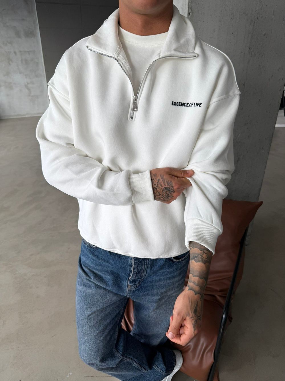 Essence Yarım Fermuar Sweat - Beyaz
