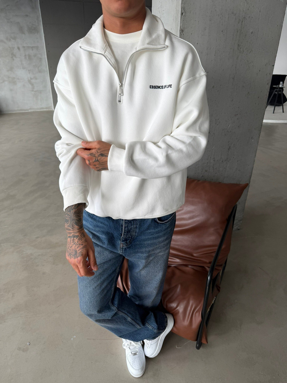 Essence Yarım Fermuar Sweat - Beyaz
