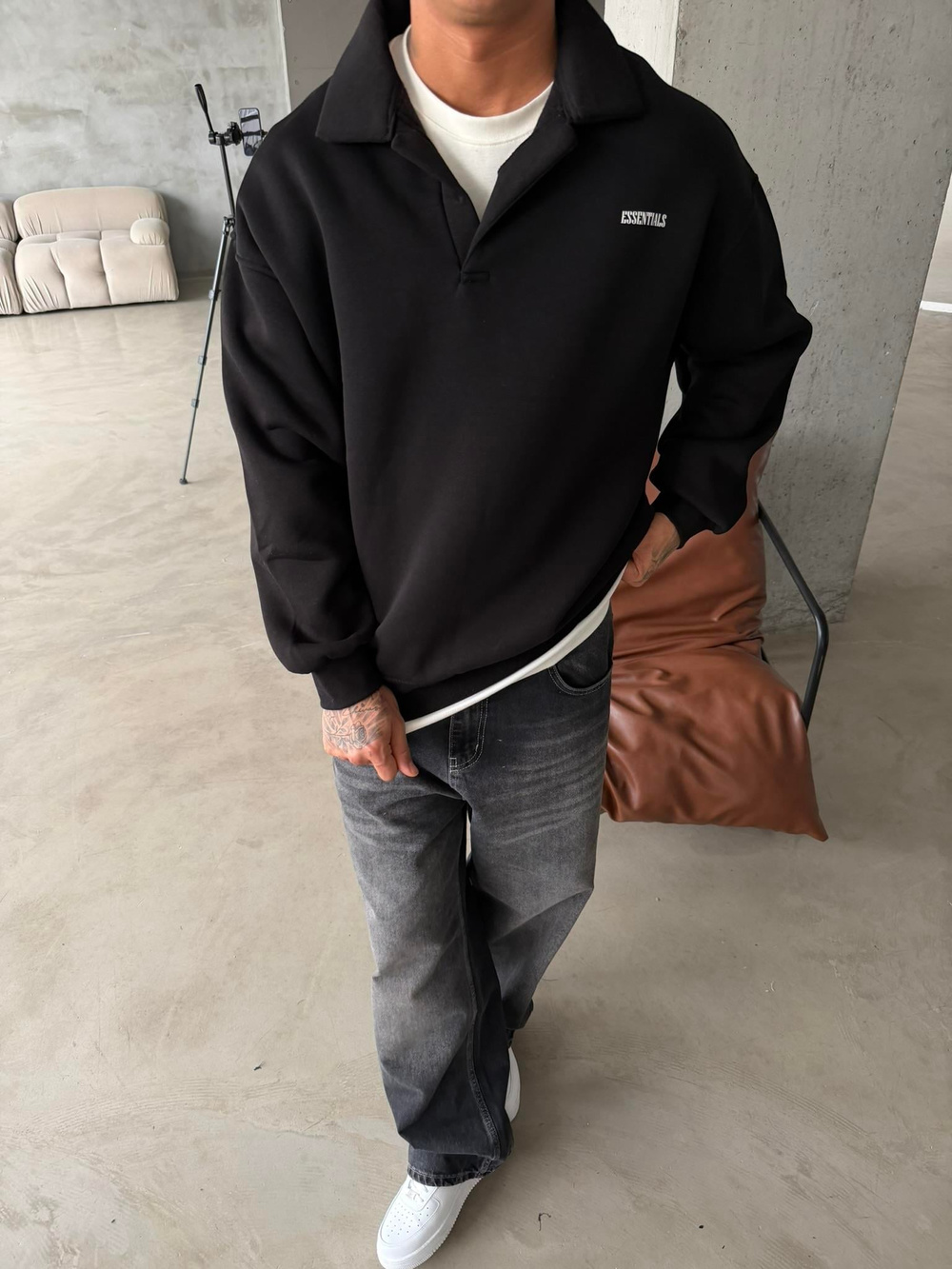 Essetıals Basic Polo Sweat - Siyah