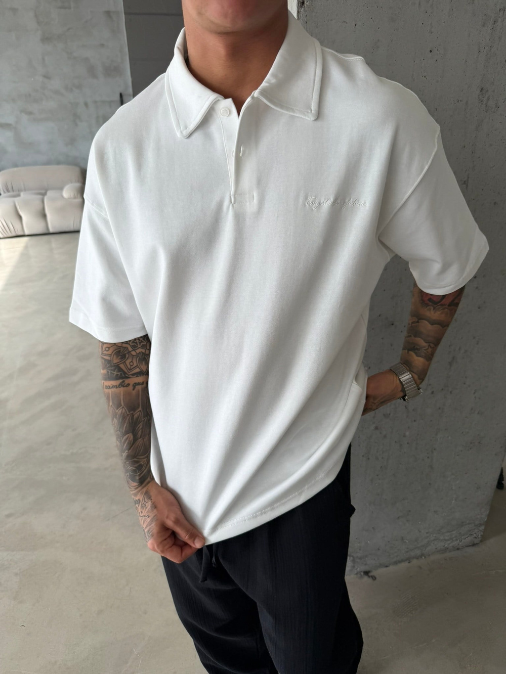 Forget The Future Nakışlı Basic Polo Yaka - Beyaz