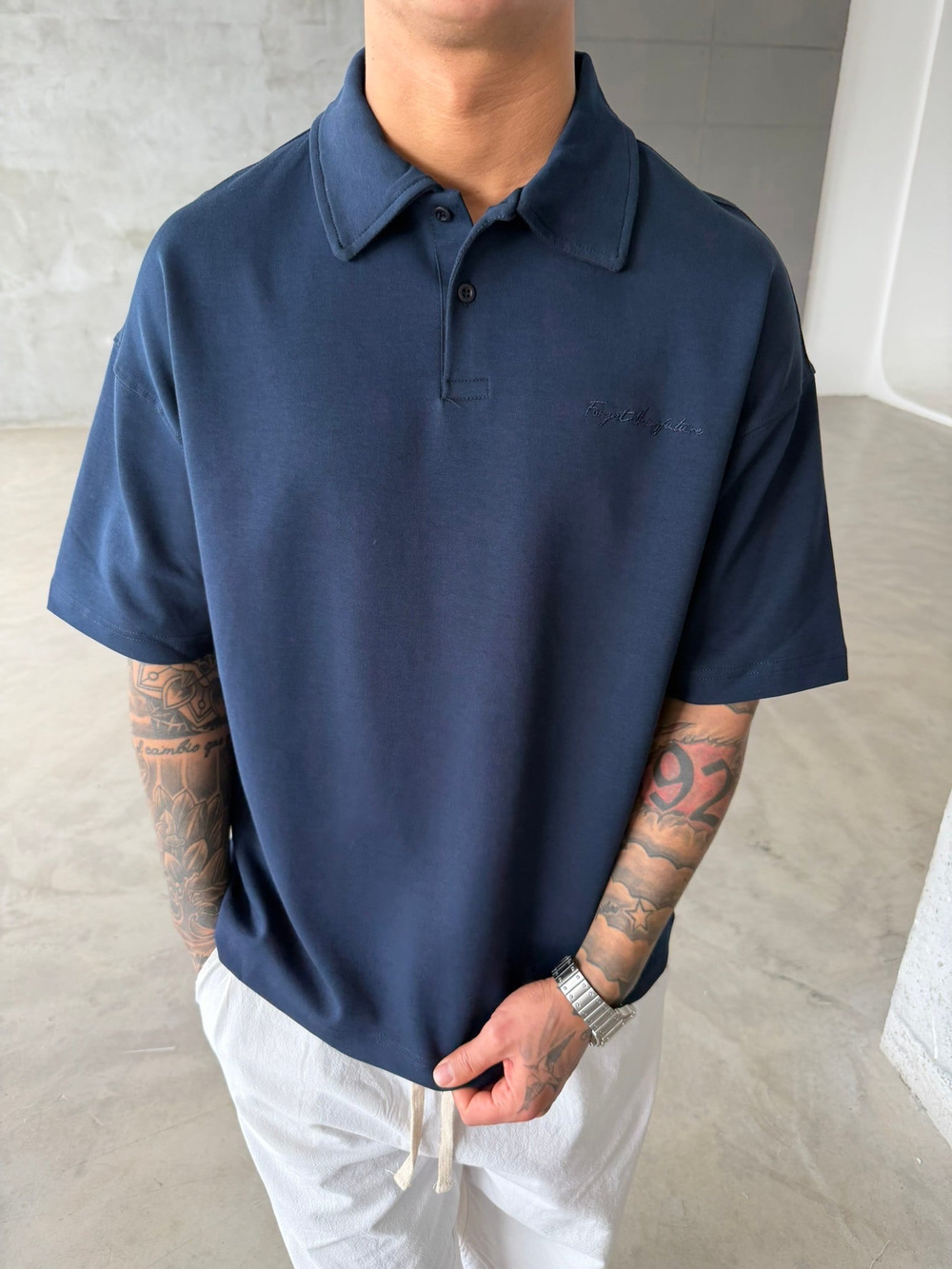 Forget The Future Nakışlı Basic Polo Yaka - Lacivert
