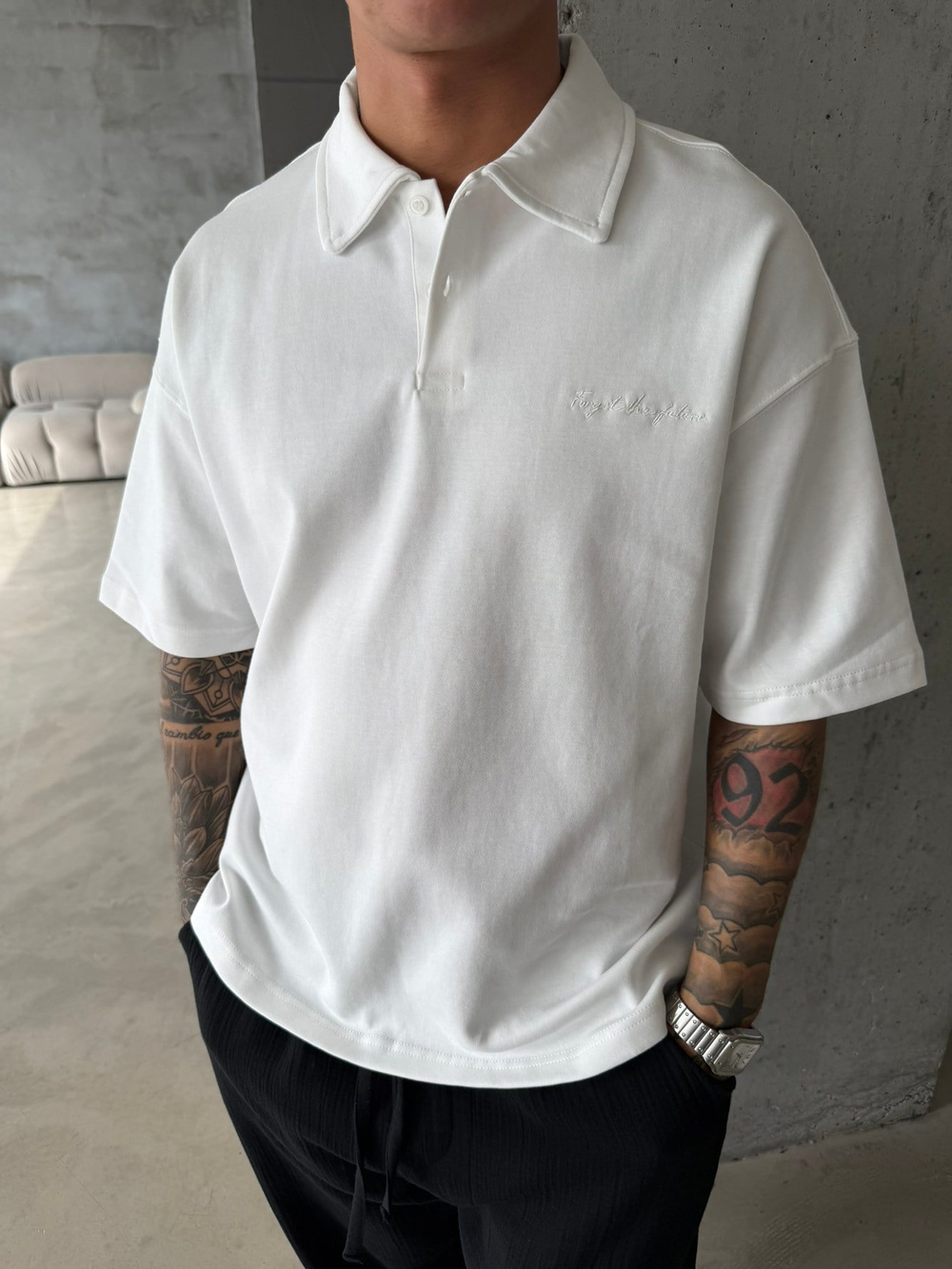 Forget The Future Nakışlı Basic Polo Yaka - Beyaz