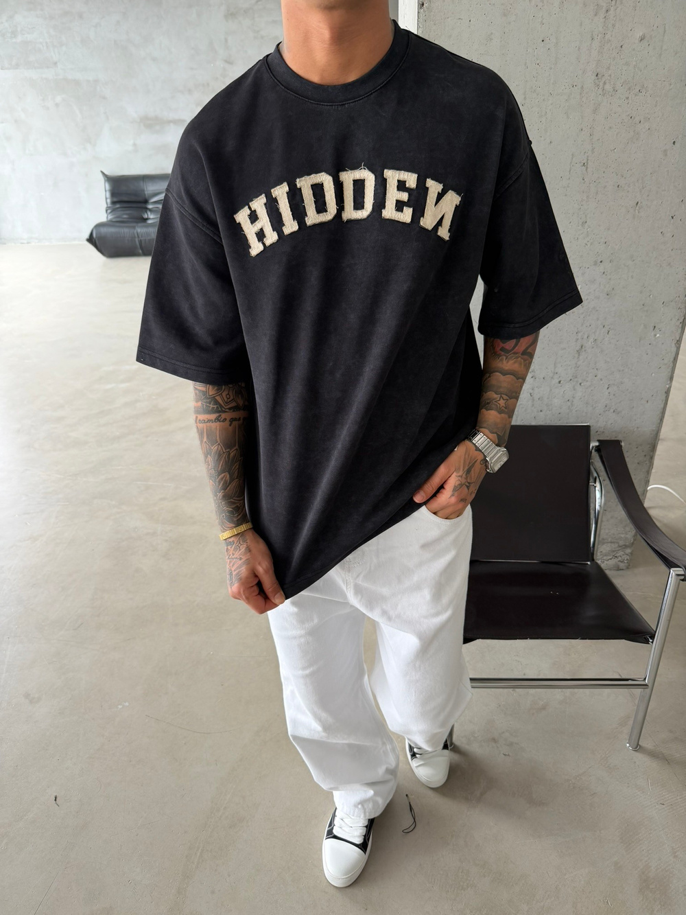 Hıddem Acid Yıkama Pacht Detaylı T-Shirt - Siyah