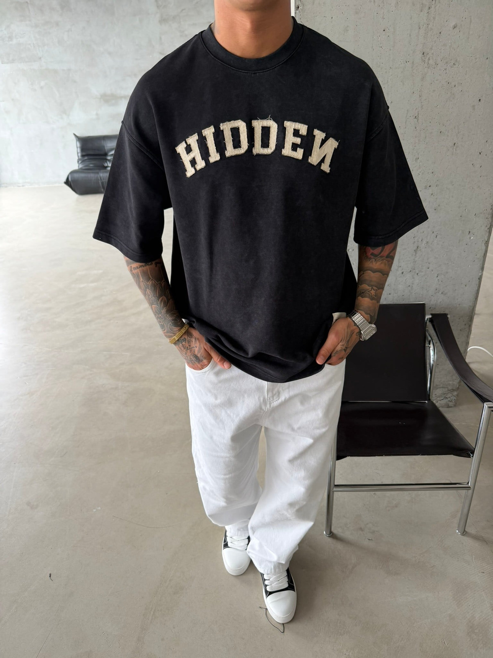 Hıddem Acid Yıkama Pacht Detaylı T-Shirt - Siyah