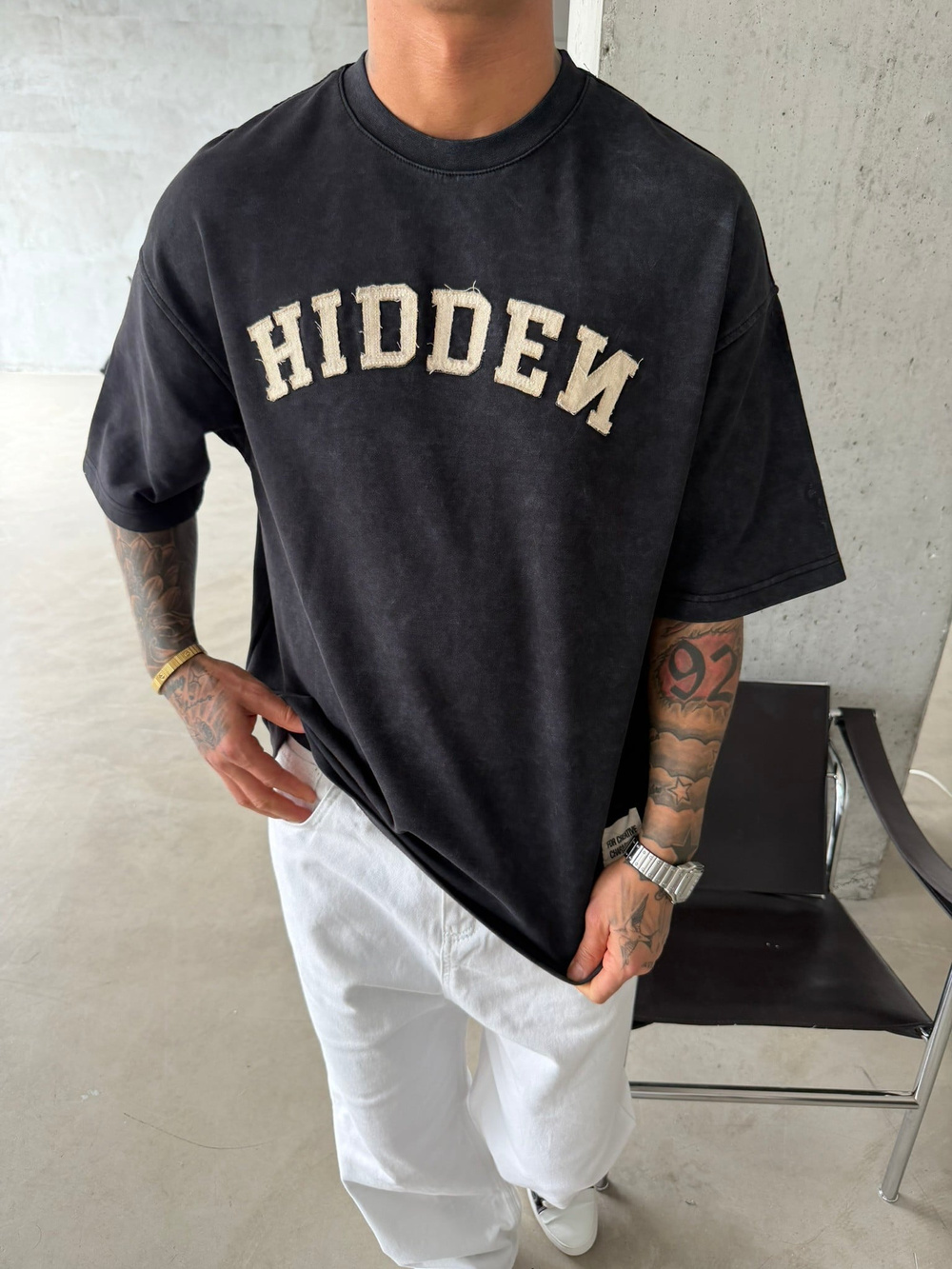 Hıddem Acid Yıkama Pacht Detaylı T-Shirt - Siyah