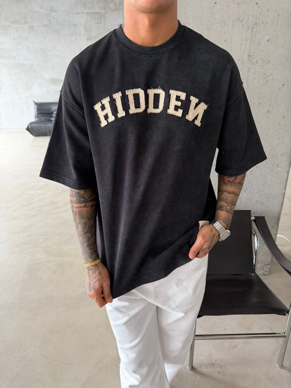 Hıddem Acid Yıkama Pacht Detaylı T-Shirt - Siyah