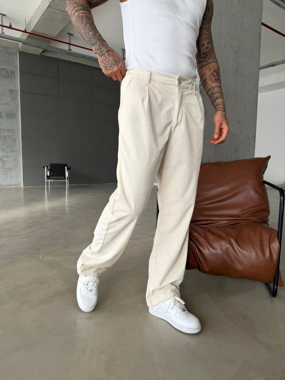 Kadife Basic Baggy Pantolon - Bej
