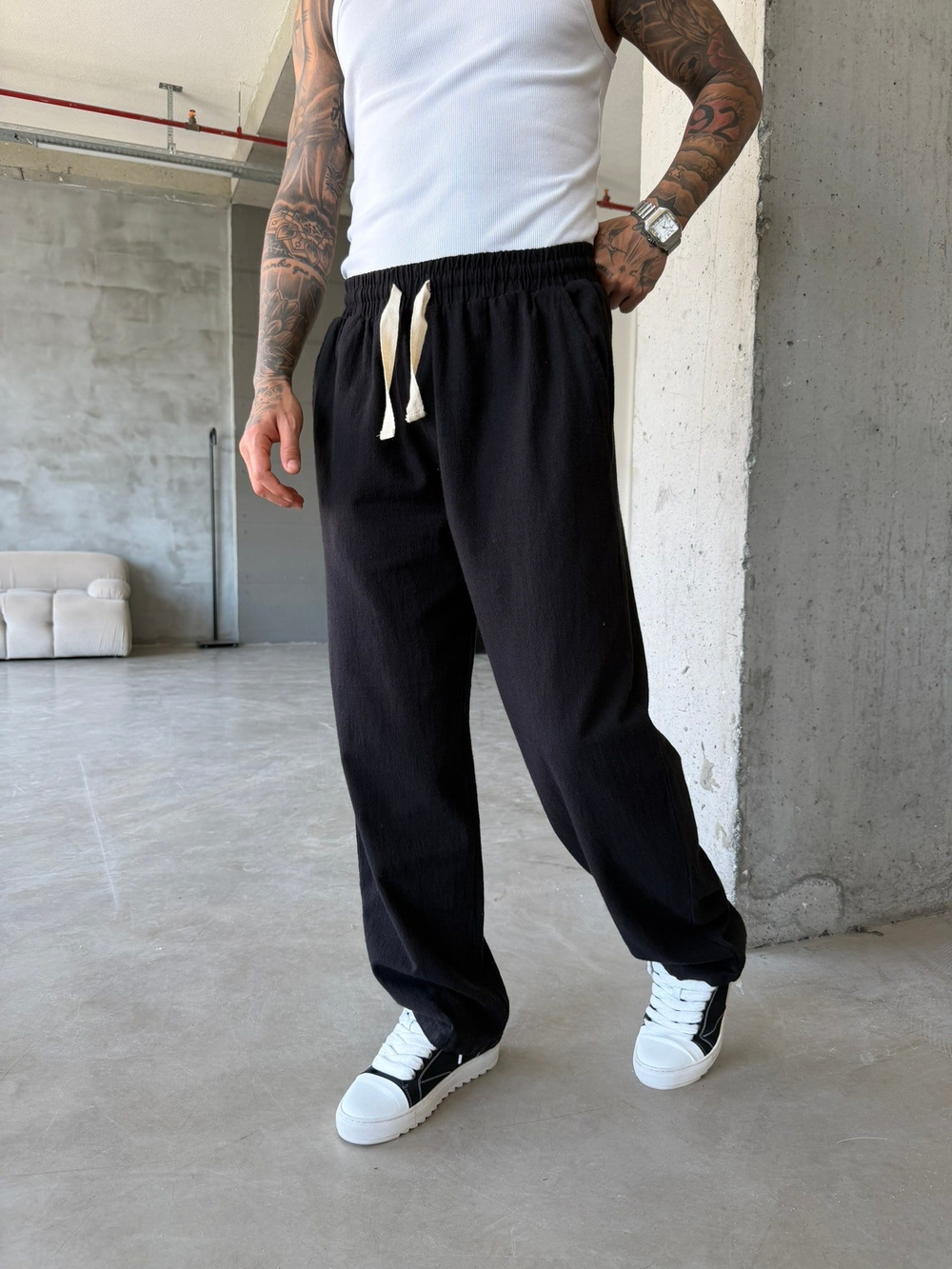 Linen Basic Baggy Pantolon - Siyah