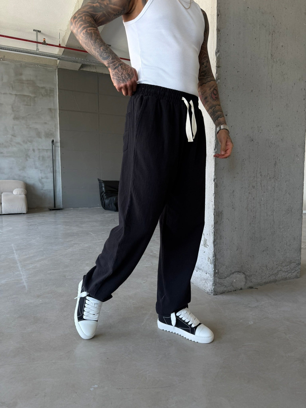 Linen Basic Baggy Pantolon - Siyah