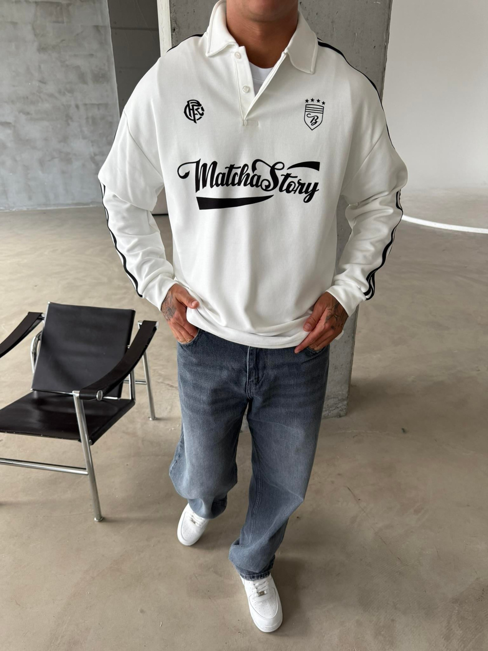 Matcha Story Polo Yaka Sweat - Beyaz