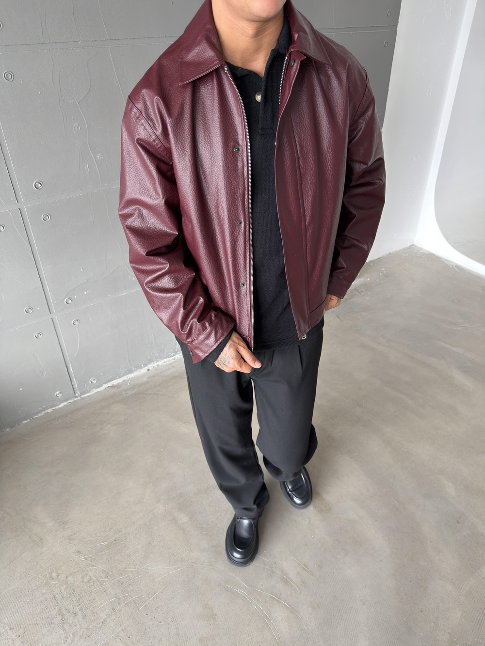 Modern Fit Deri Ceket - Bordo