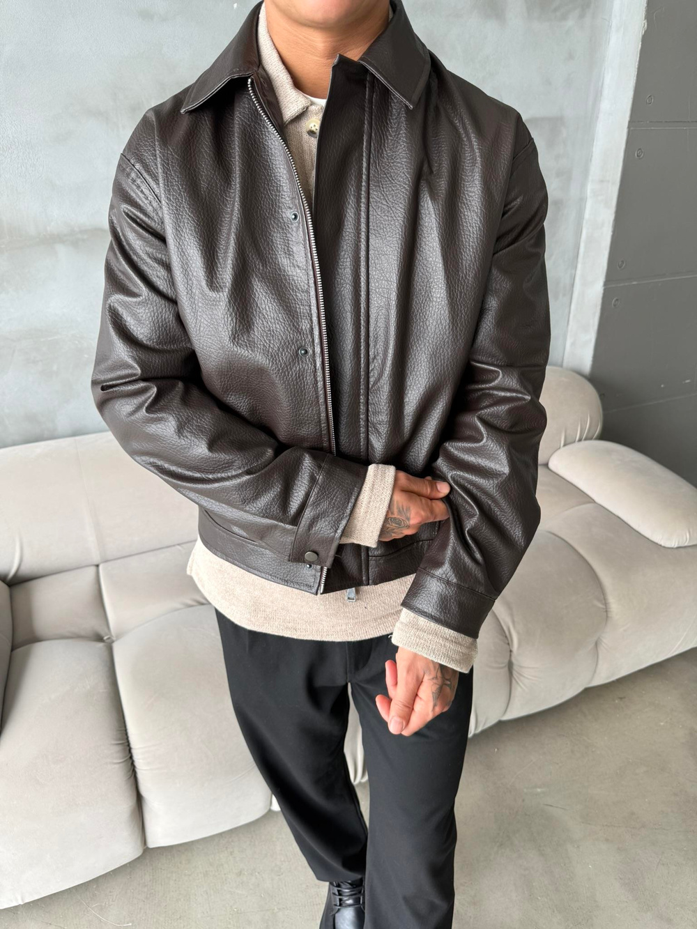 Modern Fit Deri Ceket - Kahve