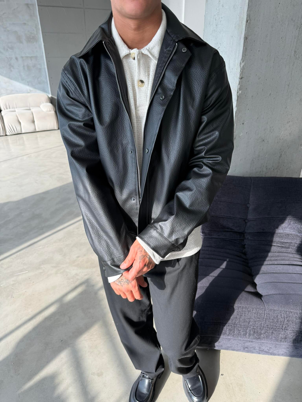 Modern Fit Deri Ceket - Siyah