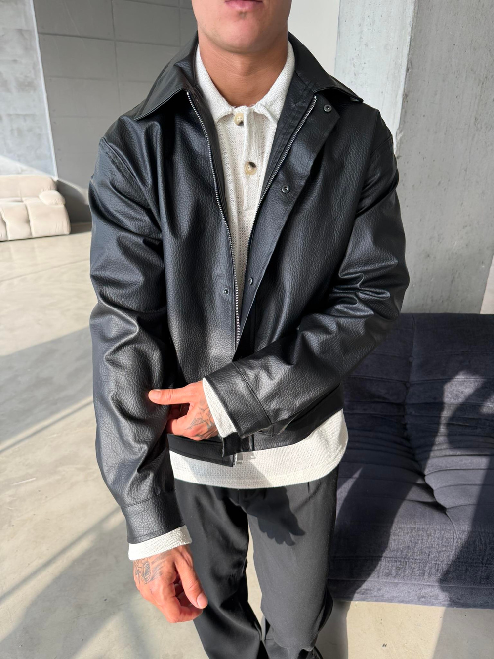 Modern Fit Deri Ceket - Siyah