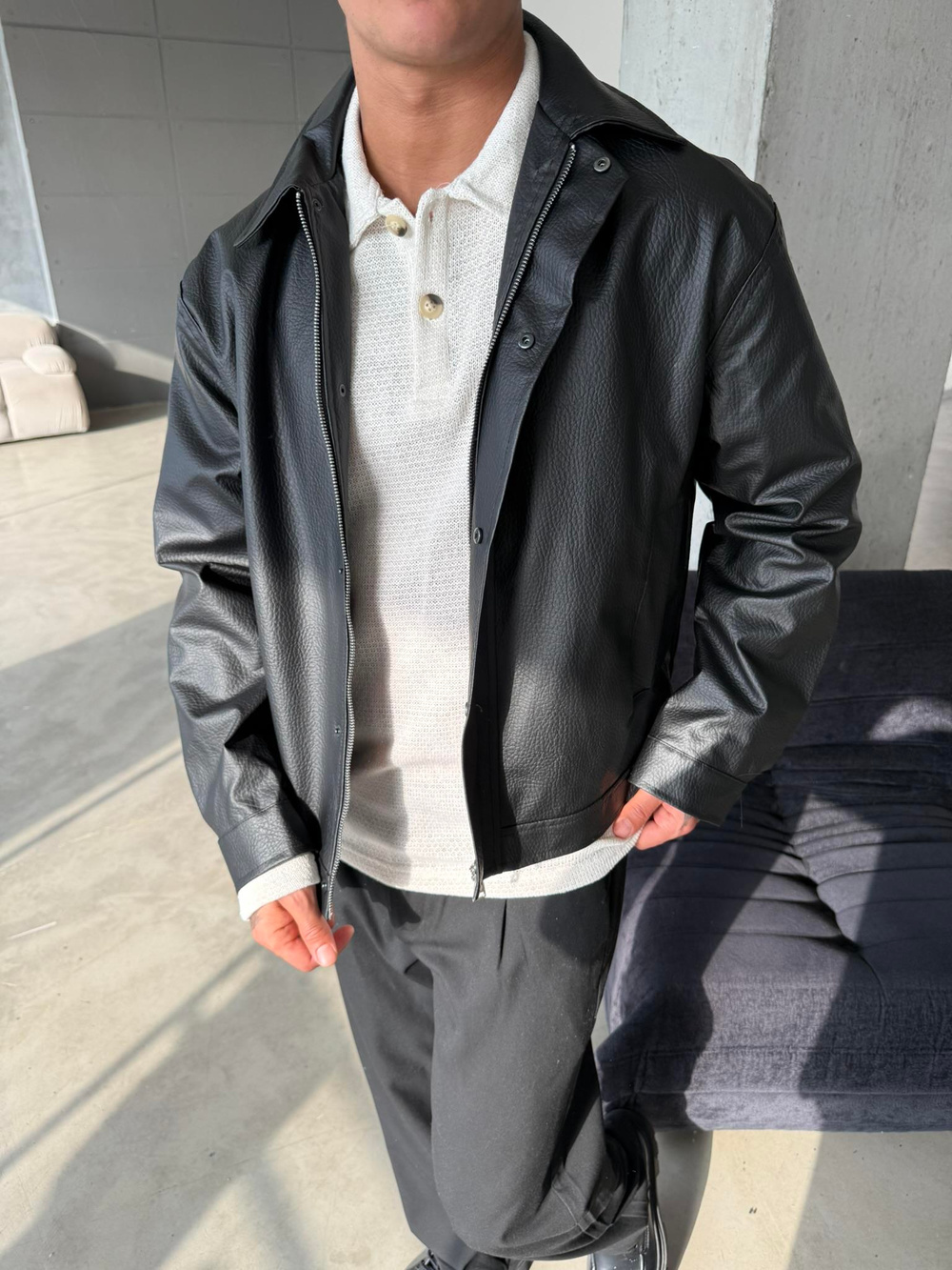 Modern Fit Deri Ceket - Siyah