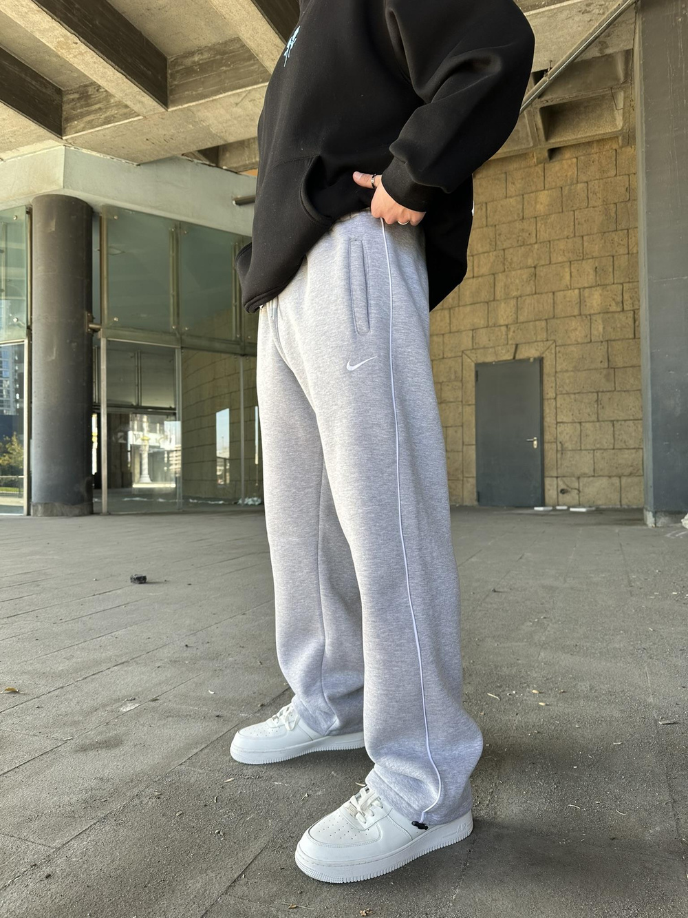 NK Nakışlı Çizgili Lastikli Stoper Paça Baggy Eşofman Gri