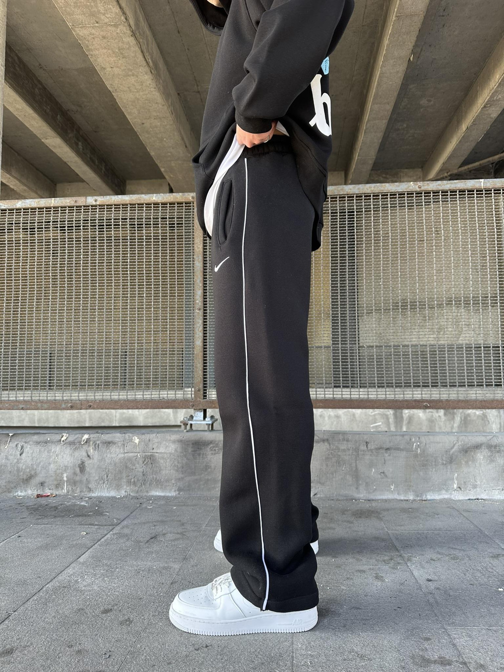 NK Nakışlı Çizgili Lastikli Stoper Paça Baggy Eşofman Mevsimlik  - Siyah
