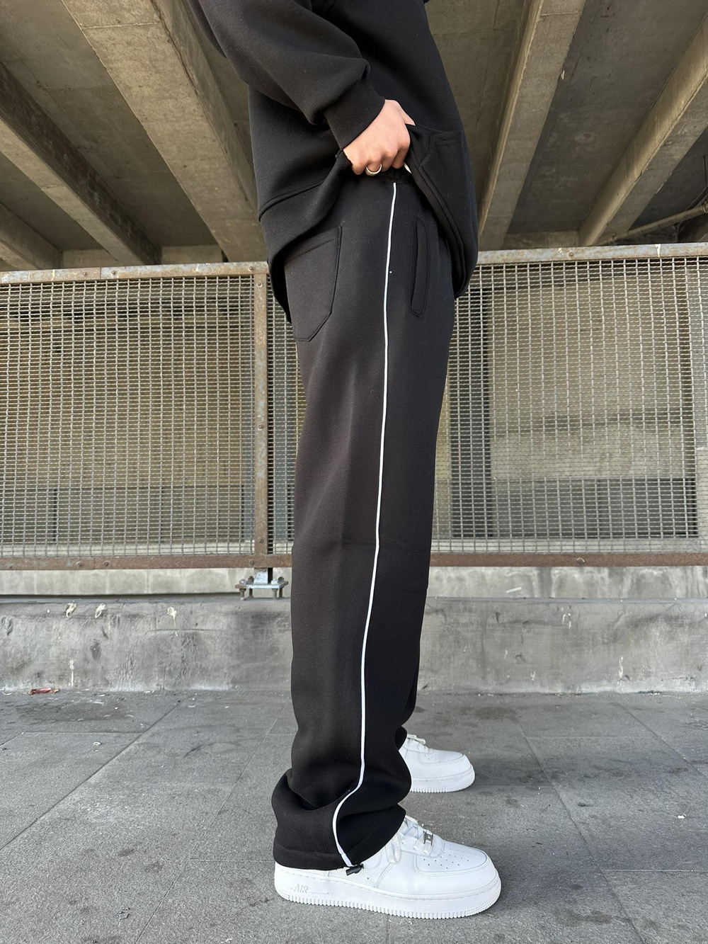 NK Nakışlı Çizgili Lastikli Stoper Paça Baggy Eşofman Mevsimlik  - Siyah