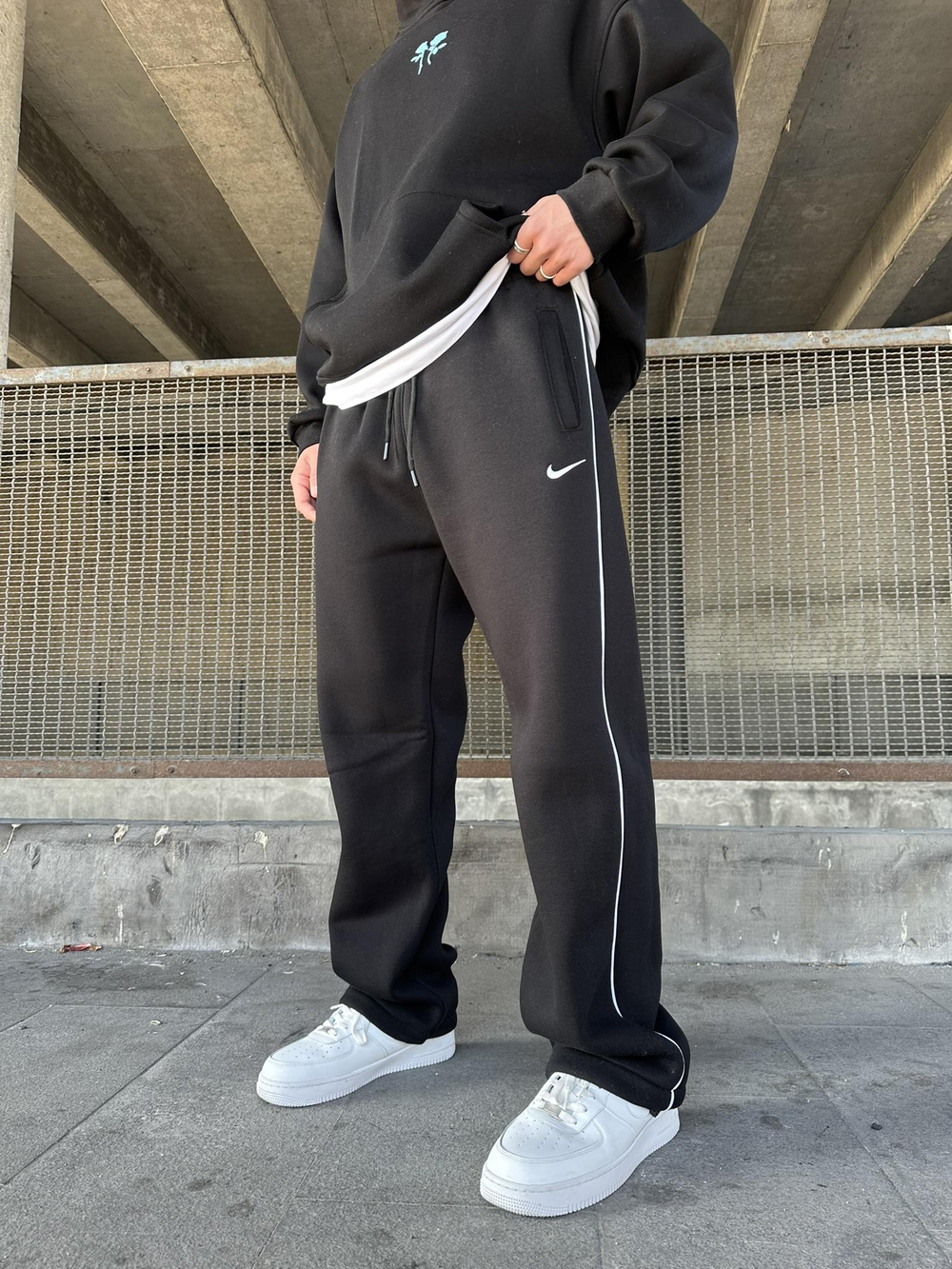 NK Nakışlı Çizgili Lastikli Stoper Paça Baggy Eşofman Mevsimlik  - Siyah