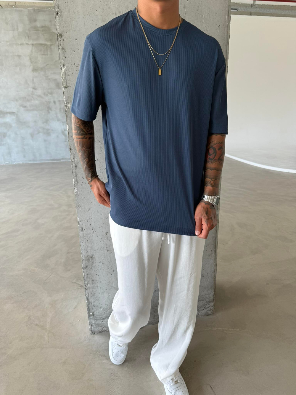 Old Money Ottoman Kumaş Basic T-Shirt - Mavi