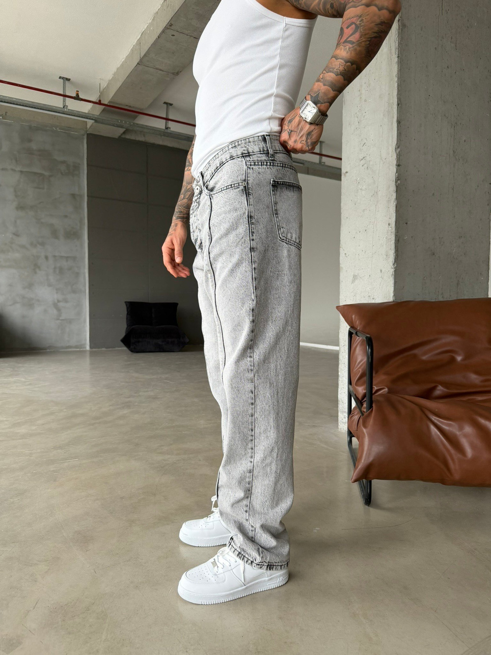 Ön Şerit Detaylı Baggy Pantolon - Gri