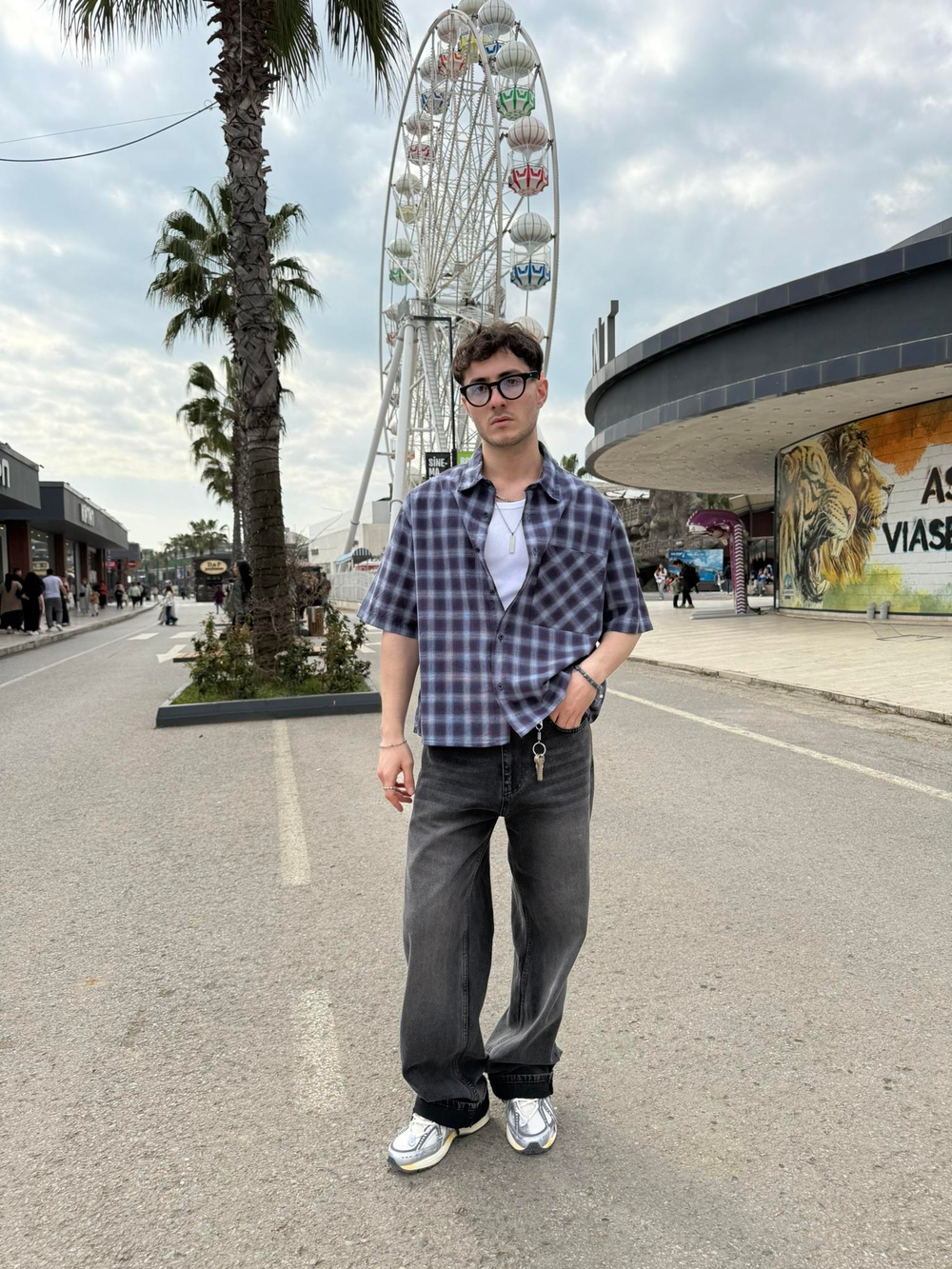 Oversize Ekose Baskılı Gömlek - Mavi