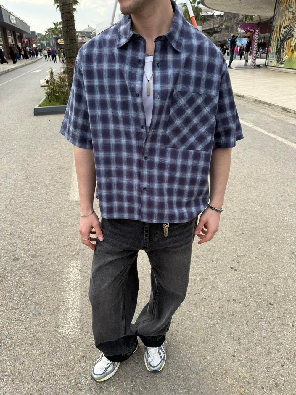 Oversize Ekose Baskılı Gömlek - Mavi