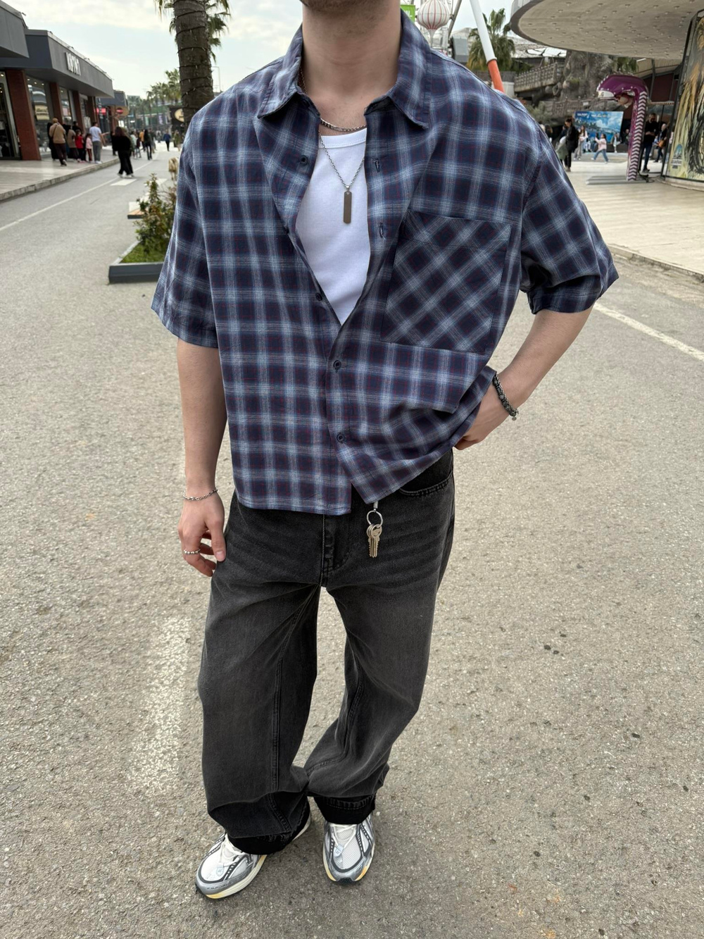 Oversize Ekose Baskılı Gömlek - Mavi