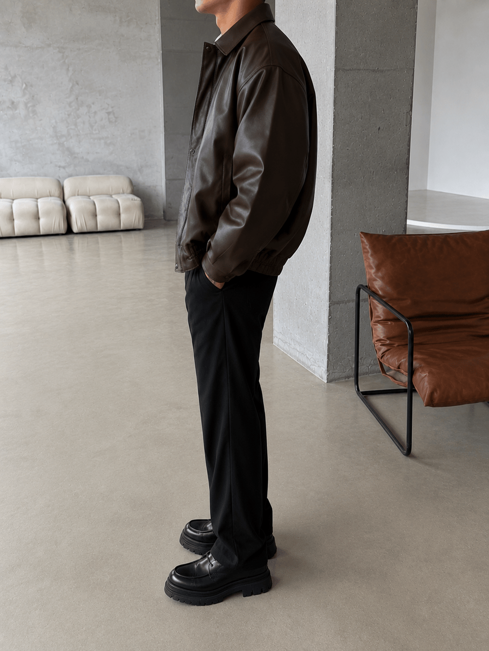 Oversize Fermuarlı ve Çıtçıtlı Deri Ceket