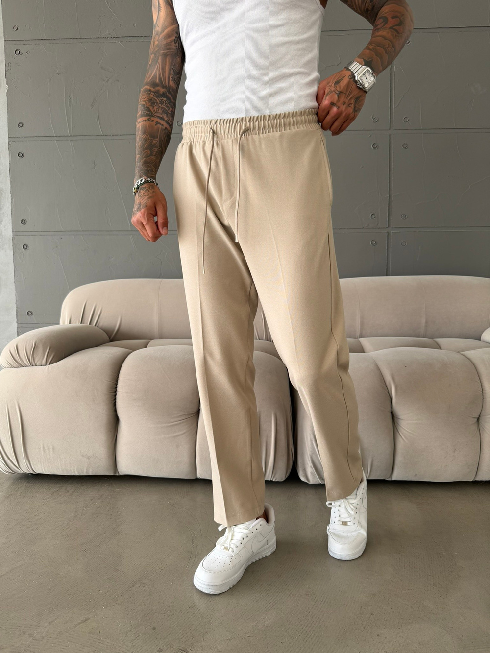 Pileli Comfort Fit Pantolon - Bej