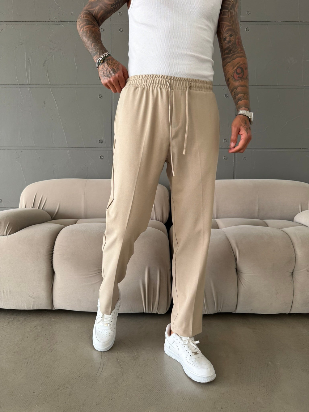 Pileli Comfort Fit Pantolon - Bej