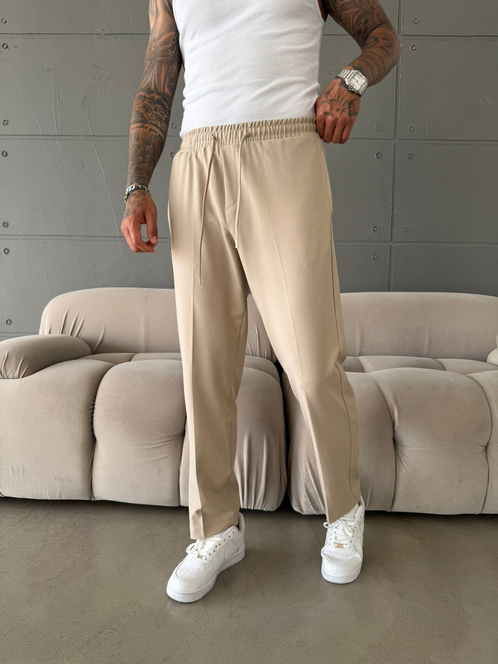 Pileli Comfort Fit Pantolon - Bej