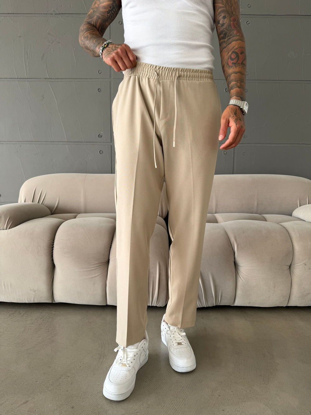 Pileli Comfort Fit Pantolon - Bej