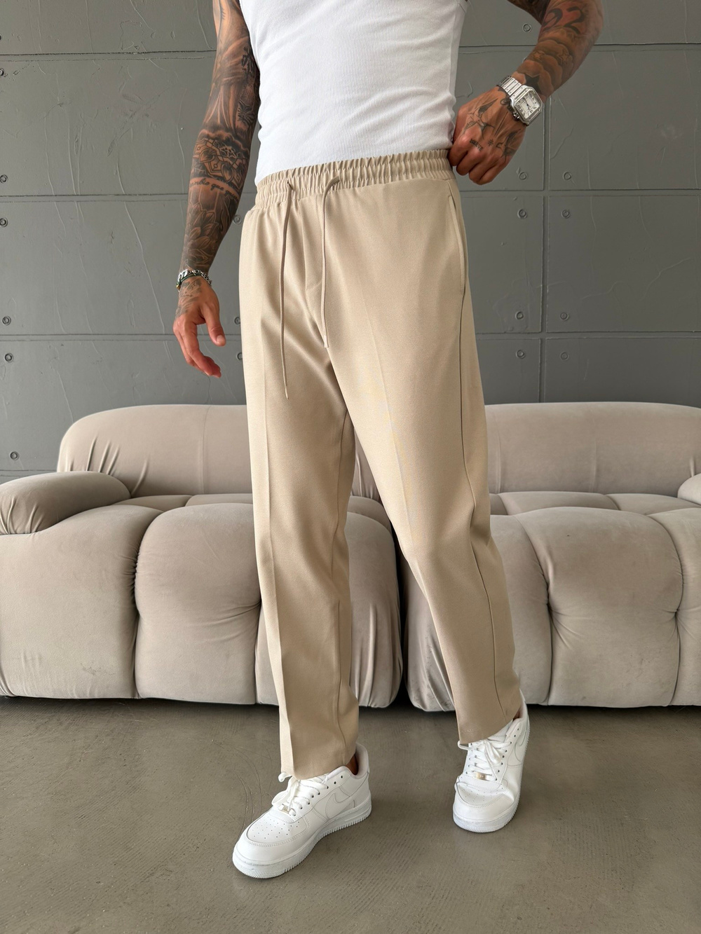 Pileli Comfort Fit Pantolon - Bej
