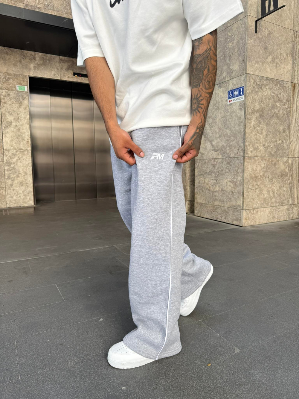 PM Nakışlı Baggy Eşofman - Gri