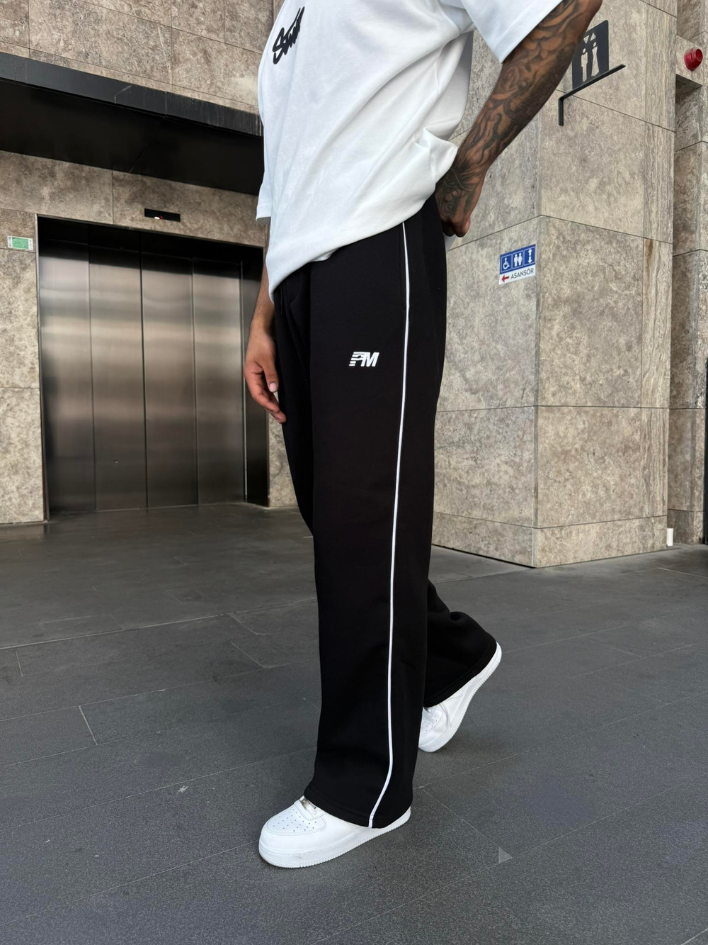 PM Nakışlı Baggy Eşofman - Siyah