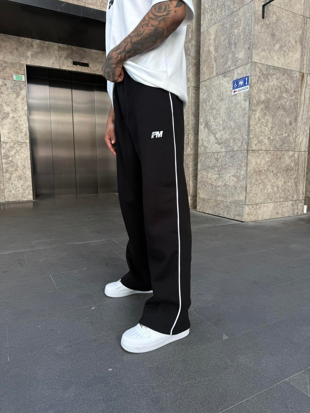 PM Nakışlı Baggy Eşofman - Siyah