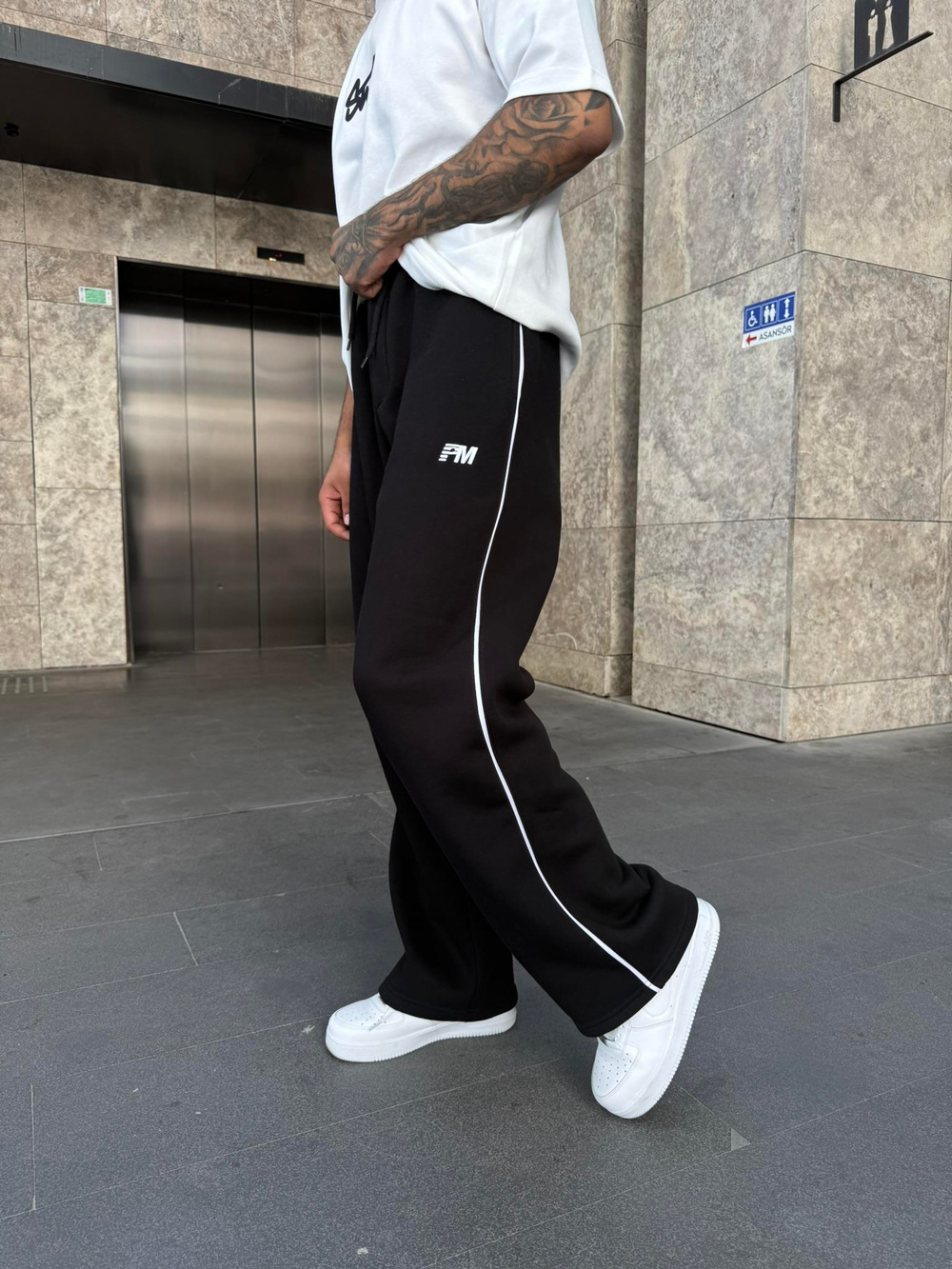 PM Nakışlı Baggy Eşofman - Siyah