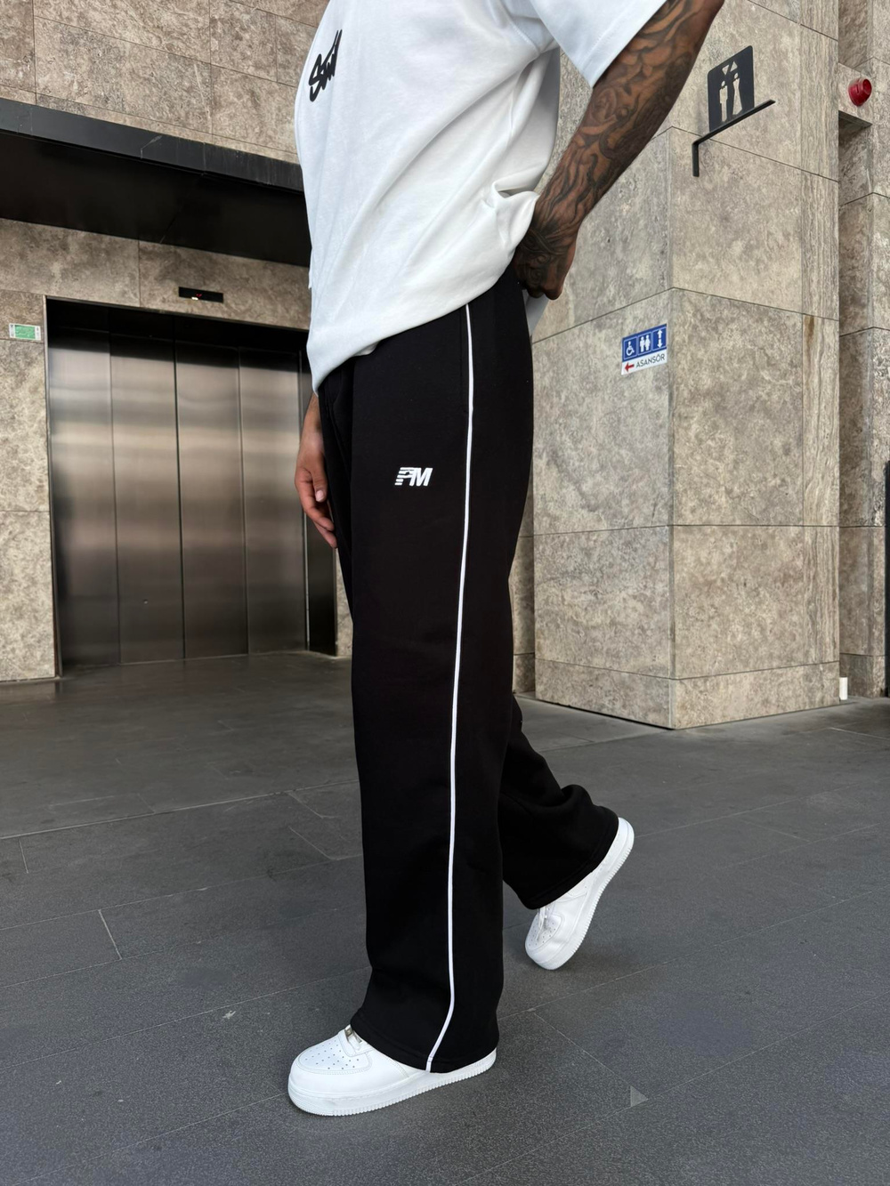 PM Nakışlı Baggy Eşofman - Siyah