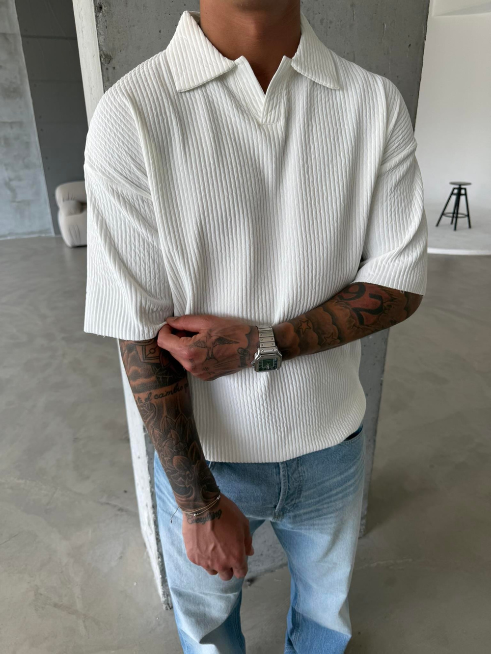 Polo Yaka Basic Fitilli T-Shirt - Beyaz