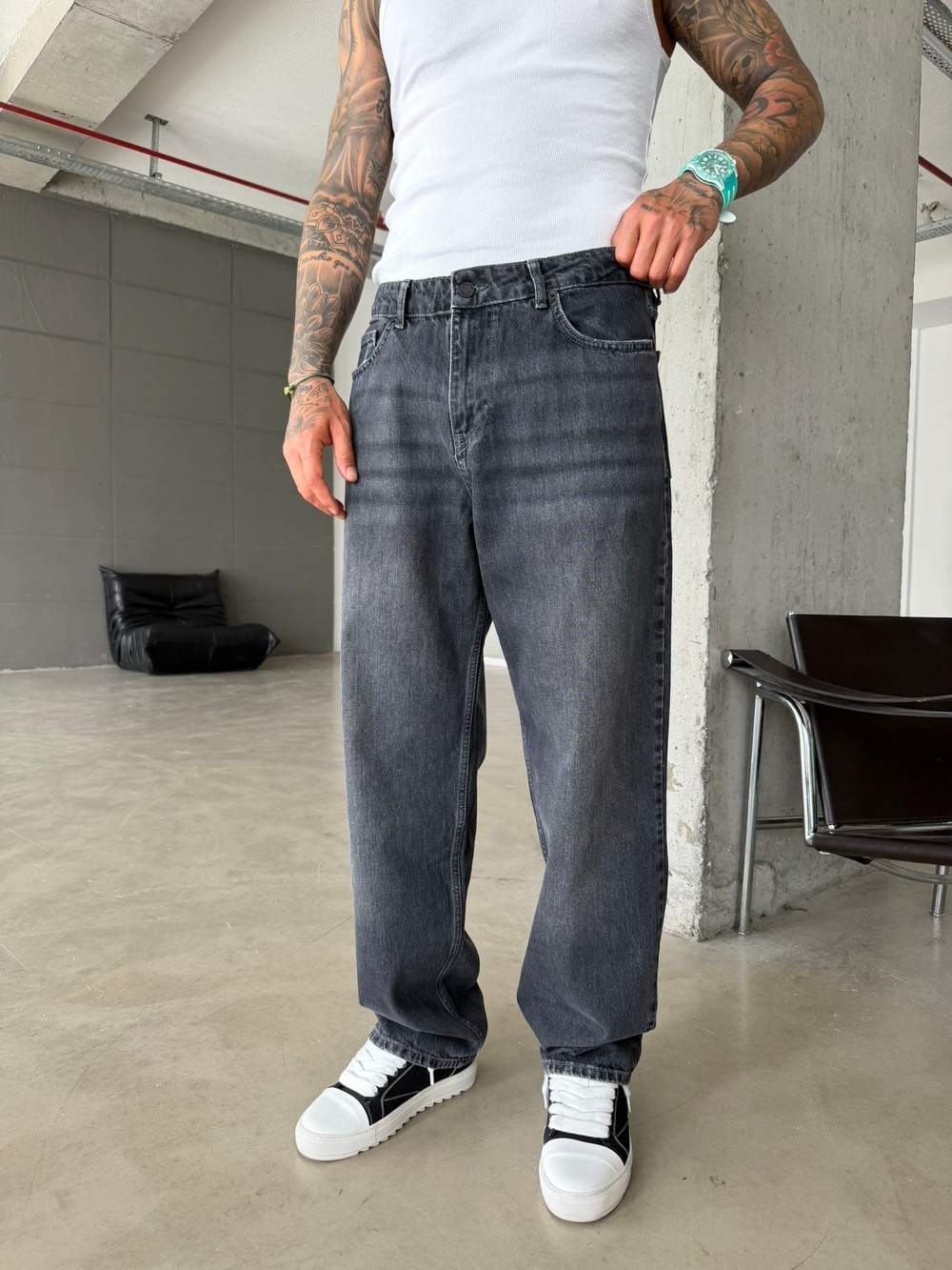 Premium Acid Basic Baggy Pantolon - Antrasit