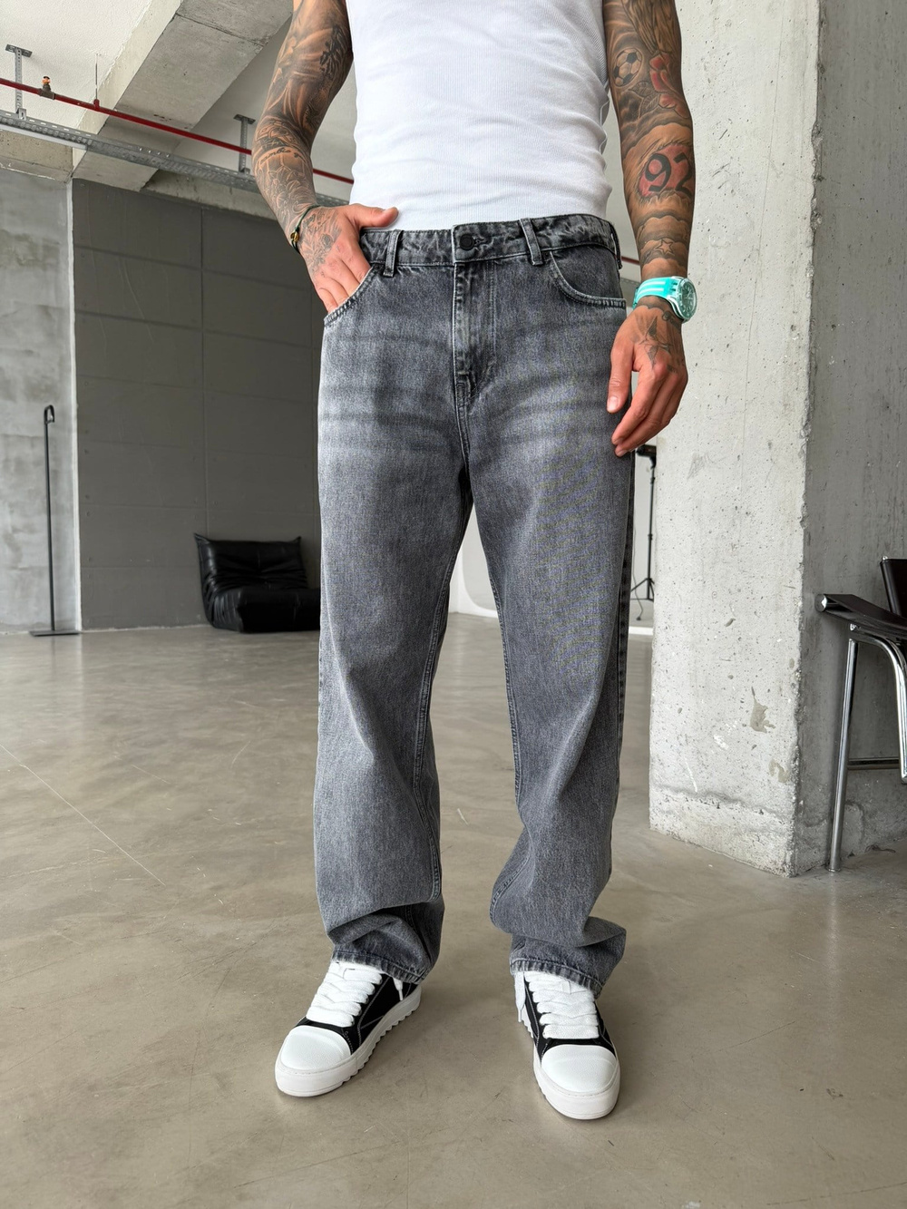 Premium Acid Basic Baggy Pantolon - Gri