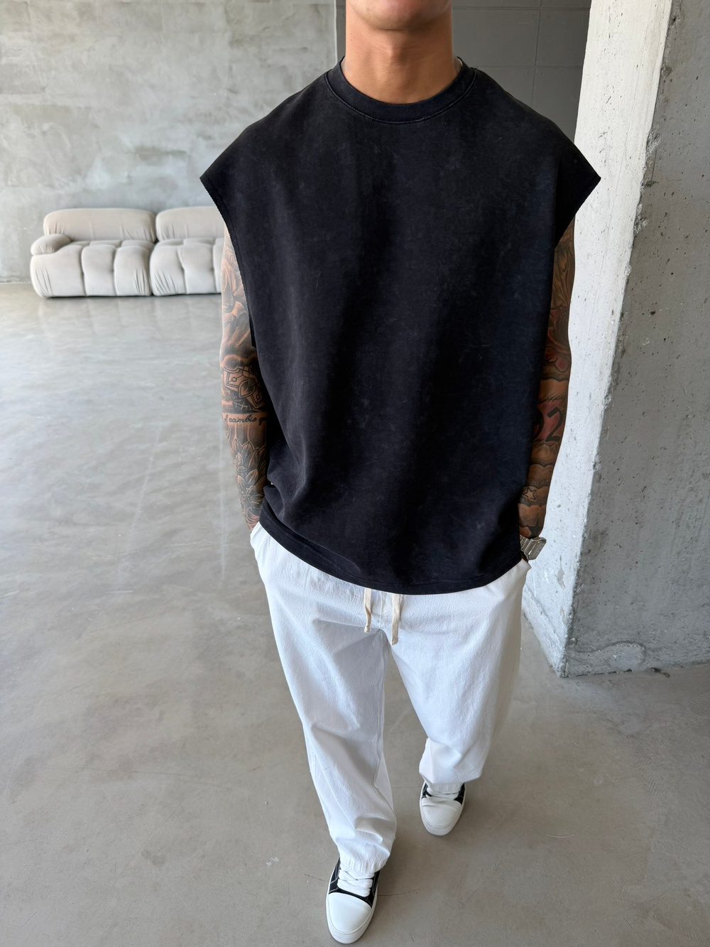 Premium Acid  Yıkamalı Sıfır Kol T-Shirt - Siyah