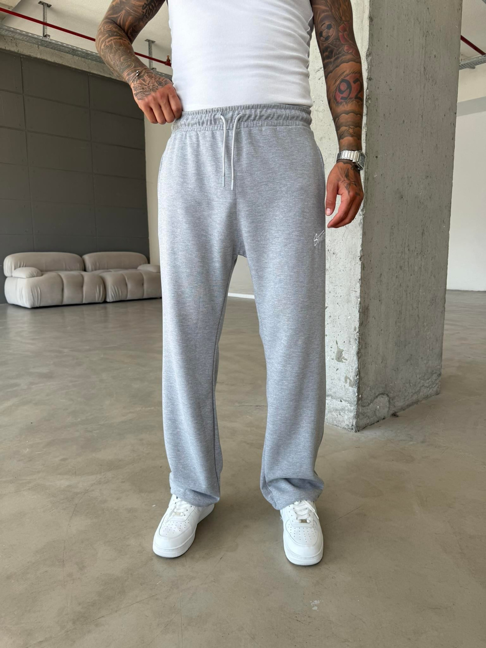 Premium Basic Nakışlı Baggy Eşofman - Gri