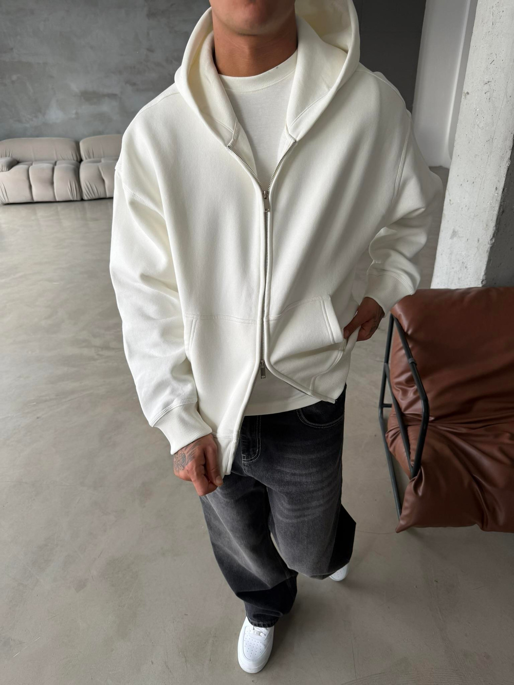 Premium Cift Fermuar Zip Hırka -  Beyaz